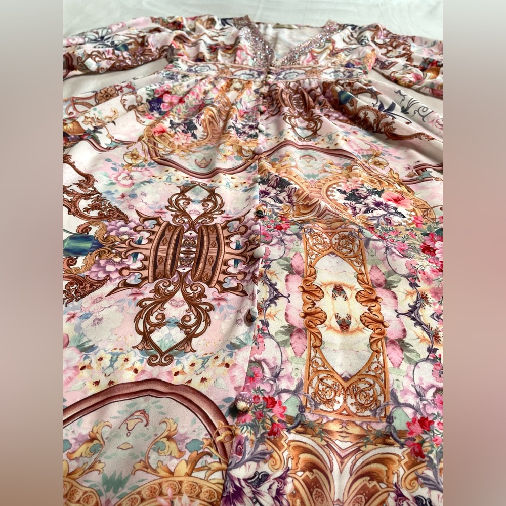 Boho Baroque Floral Maxi Dress Flowy Long Sleeve V Neck Scarf Print Cottagecore - Picture 11 of 15